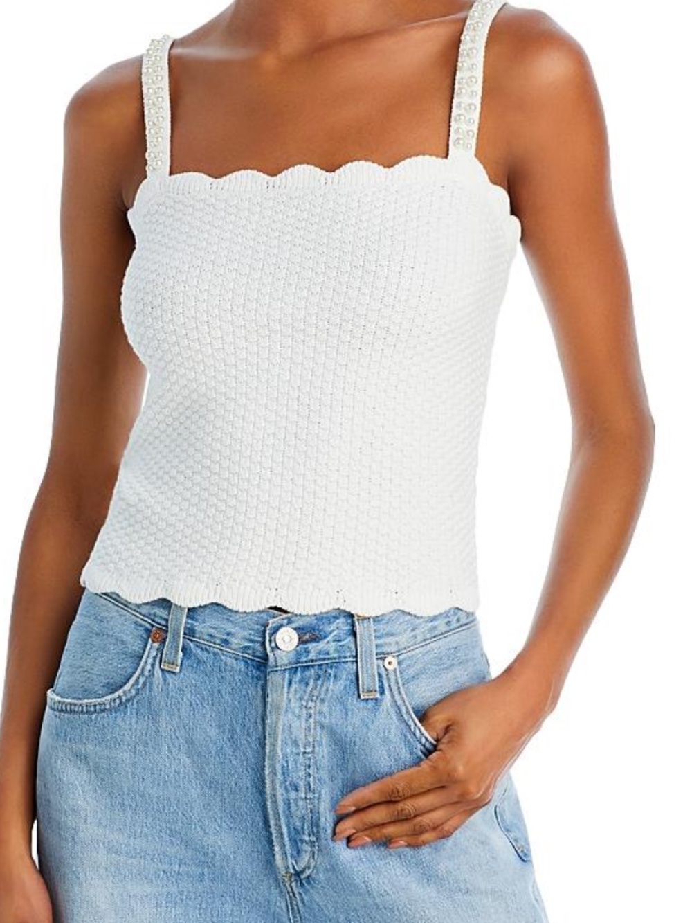 Aqua White Scalloped Knit Tank with Pearl Straps